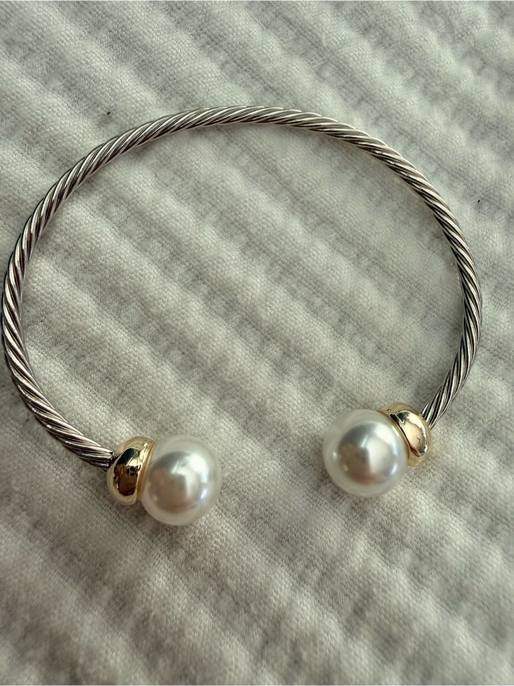 Silver-Tone Open Cable Bangle with Pearl End Caps